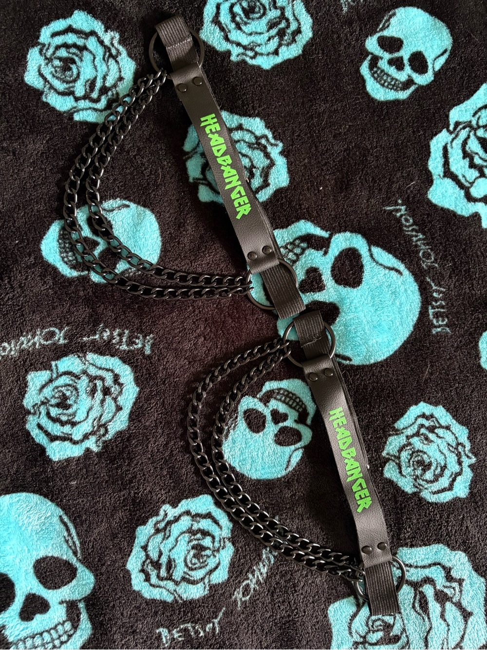 HEADBANGER Black Chain Belt with Neon Green Logo